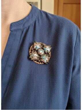 Vintage Copper Tone Southwest Style Brooch Pin Turquoise White Speckled...
